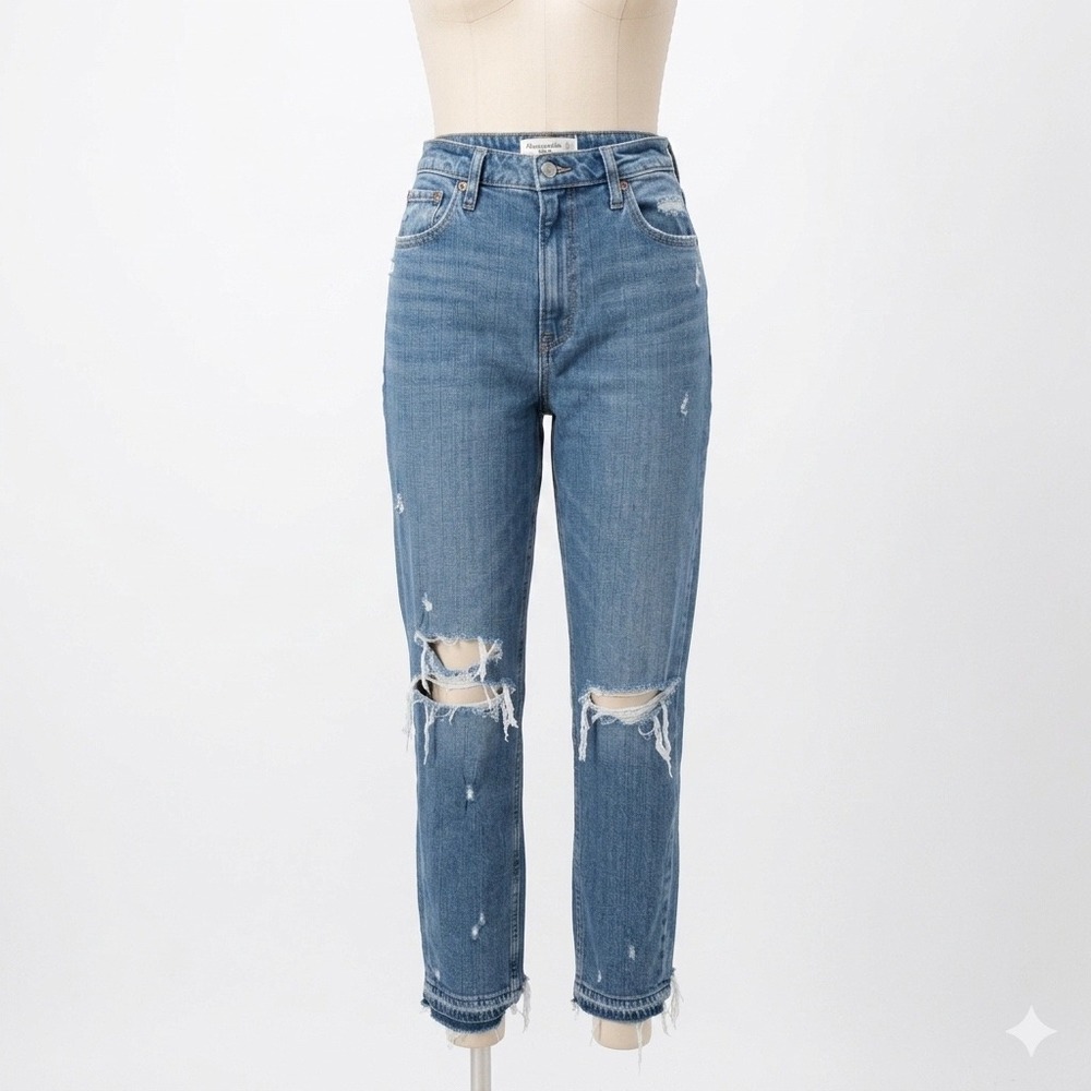 Abercrombie & Fitch Mom Jeans Size 4 27 Blue High Rise Distressed Ripped Raw Hem